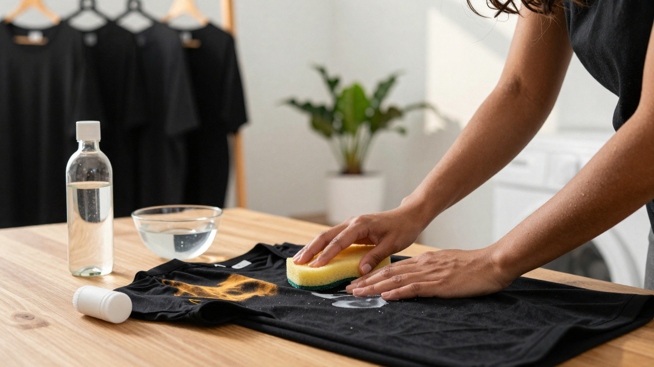 Pessoa removendo manchas de desodorante em camiseta preta com esponja sobre mesa de madeira.