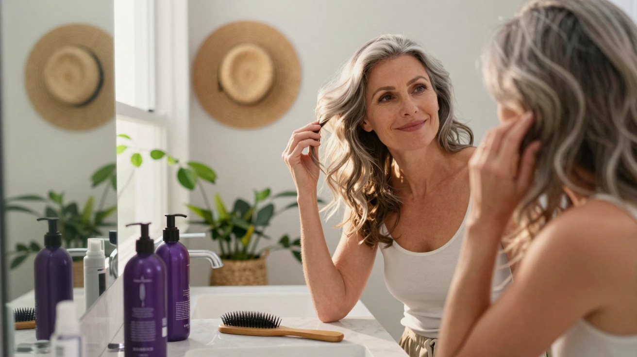 Mulher madura sorrindo e ajeitando o cabelo em frente ao espelho com produtos e escova no banheiro.