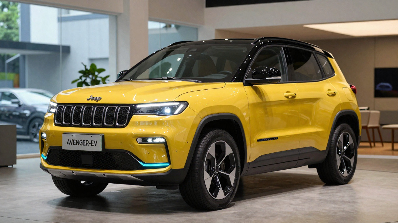 SUV Jeep Avenger-EV amarelo exibido em showroom moderno com teto preto e detalhes em azul.