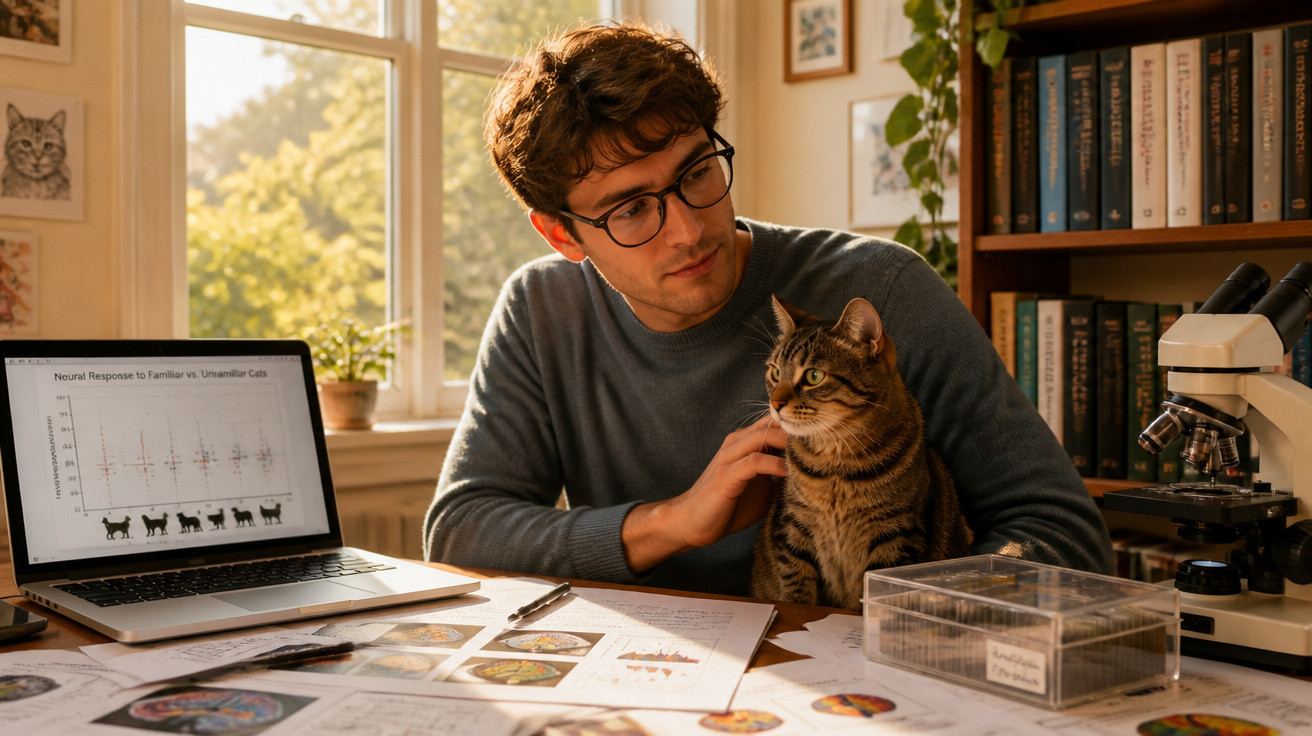 Homem com óculos acariciando gato em mesa com laptop, livros e microscópio em ambiente iluminado.