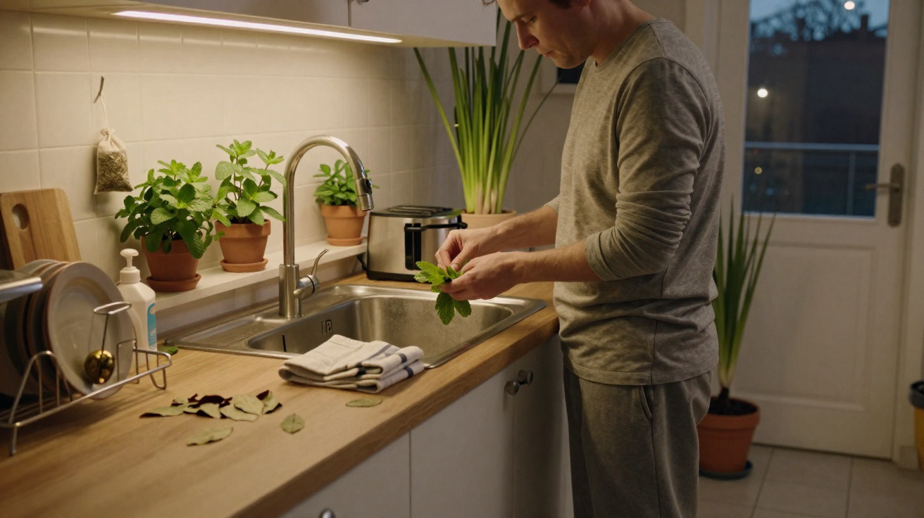 Homem em cozinha retira folhas de ervas próximo à pia durante a noite, com plantas em vasos ao fundo.