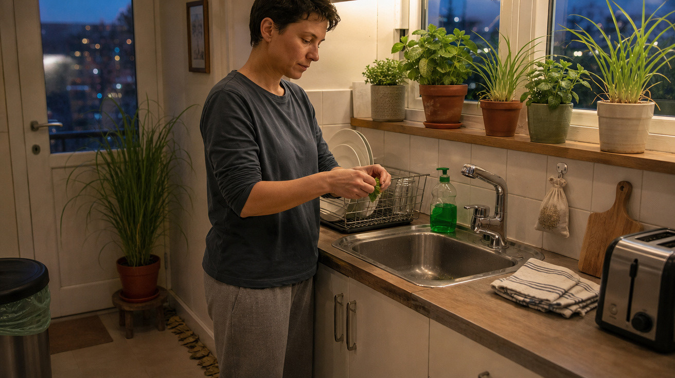 Pessoa preparando ervas na pia da cozinha ao entardecer, com plantas em vasos na bancada.