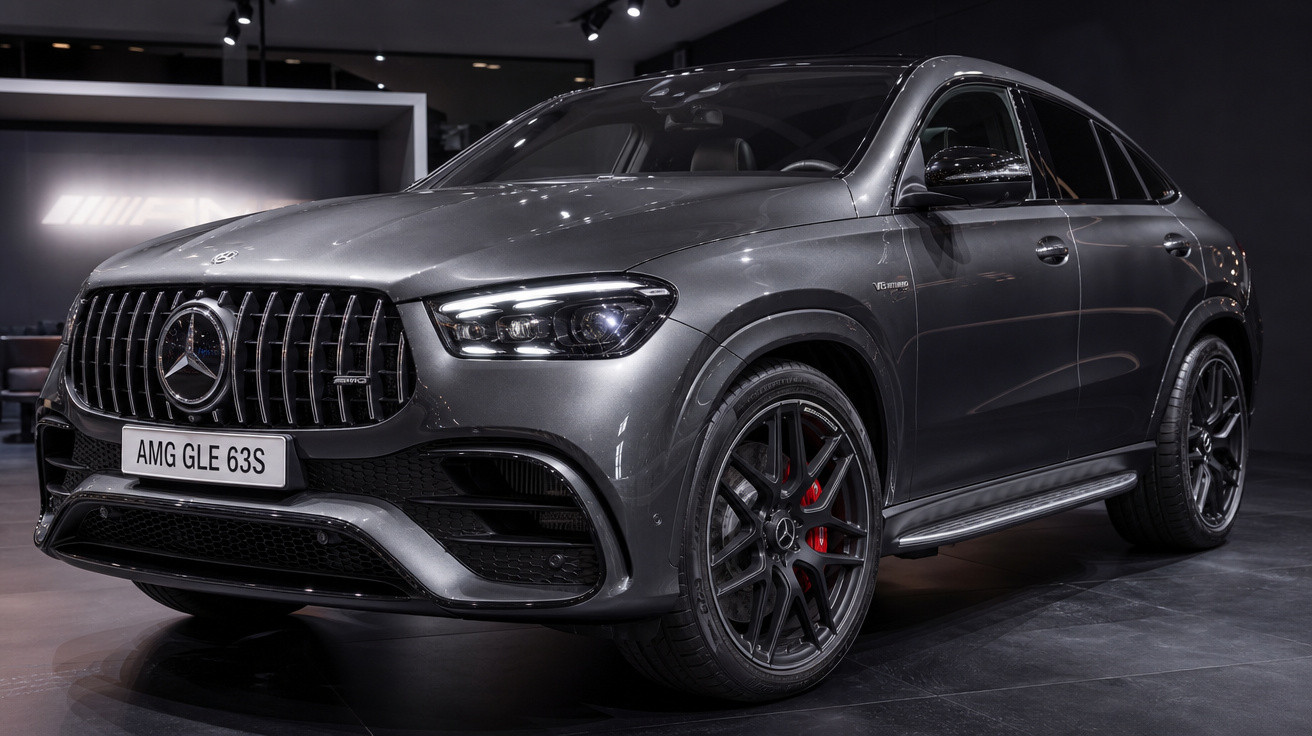 Mercedes-Benz AMG GLE 63 S cinza metálico exibido em showroom com rodas pretas e detalhes vermelhos nos freios.