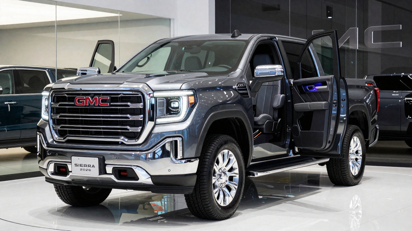 Picape GMC Sierra 2022 cinza com portas abertas em showroom moderno e iluminado.