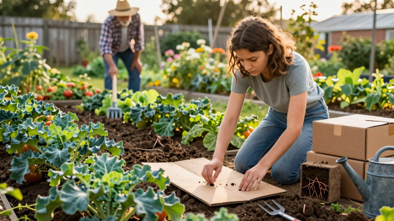 Jovem plantando sementes no jardim enquanto outra pessoa usa enxada em área com vegetais e flores.