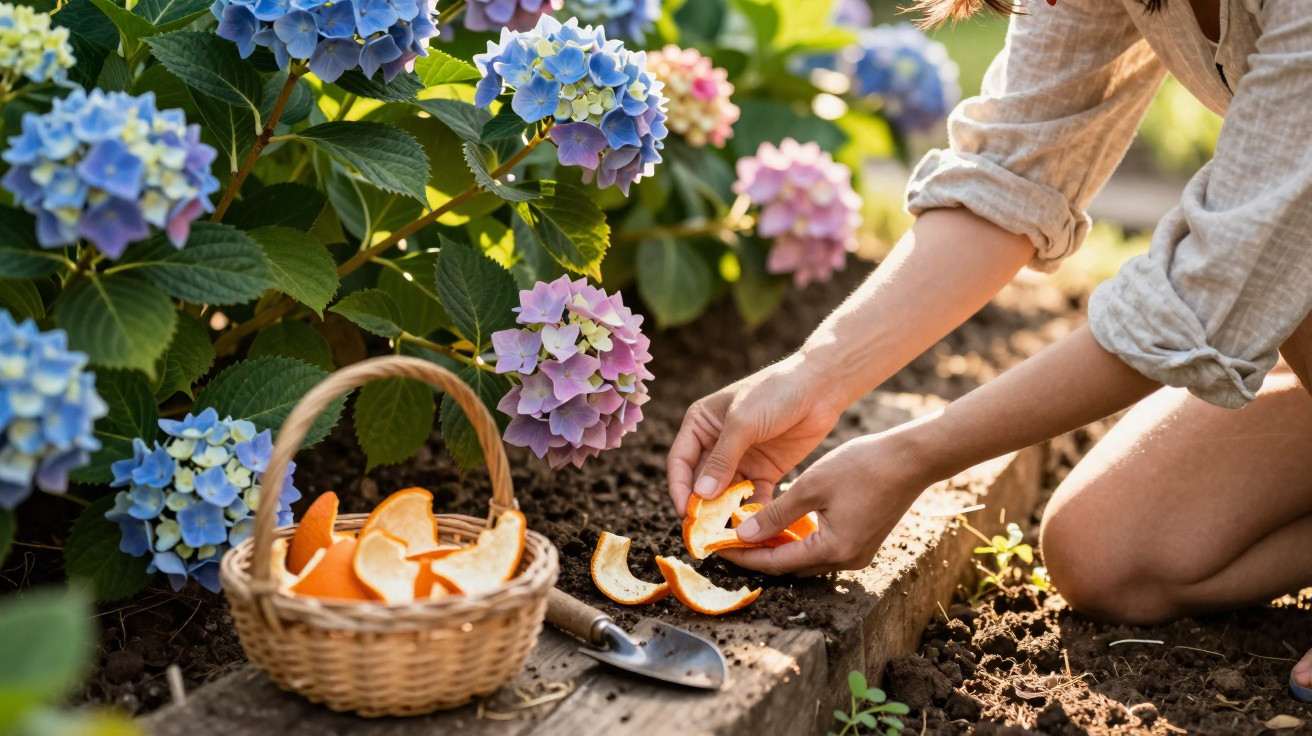 Pessoa colocando cascas de laranja no solo ao lado de flores hortênsias em canteiro de jardim.