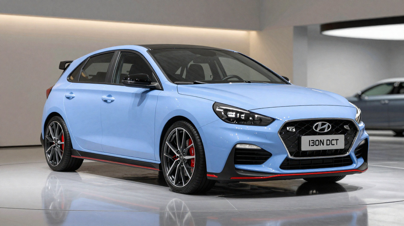 Carro Hyundai i30 N DCT azul, esportivo, com rodas pretas e detalhes vermelhos, em ambiente interno iluminado.