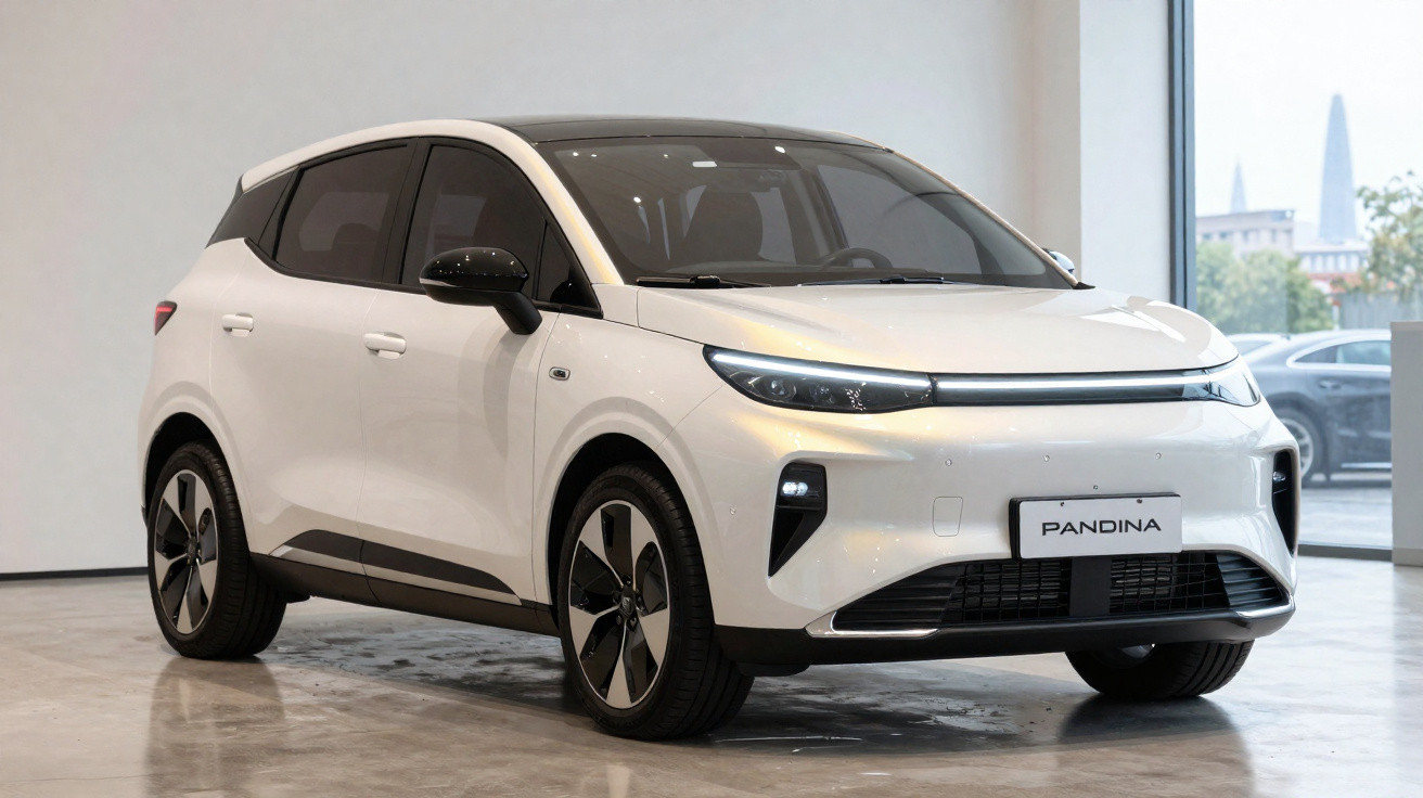 Carro elétrico branco modelo Pandina em exposição interna, com design moderno e faróis estreitos.