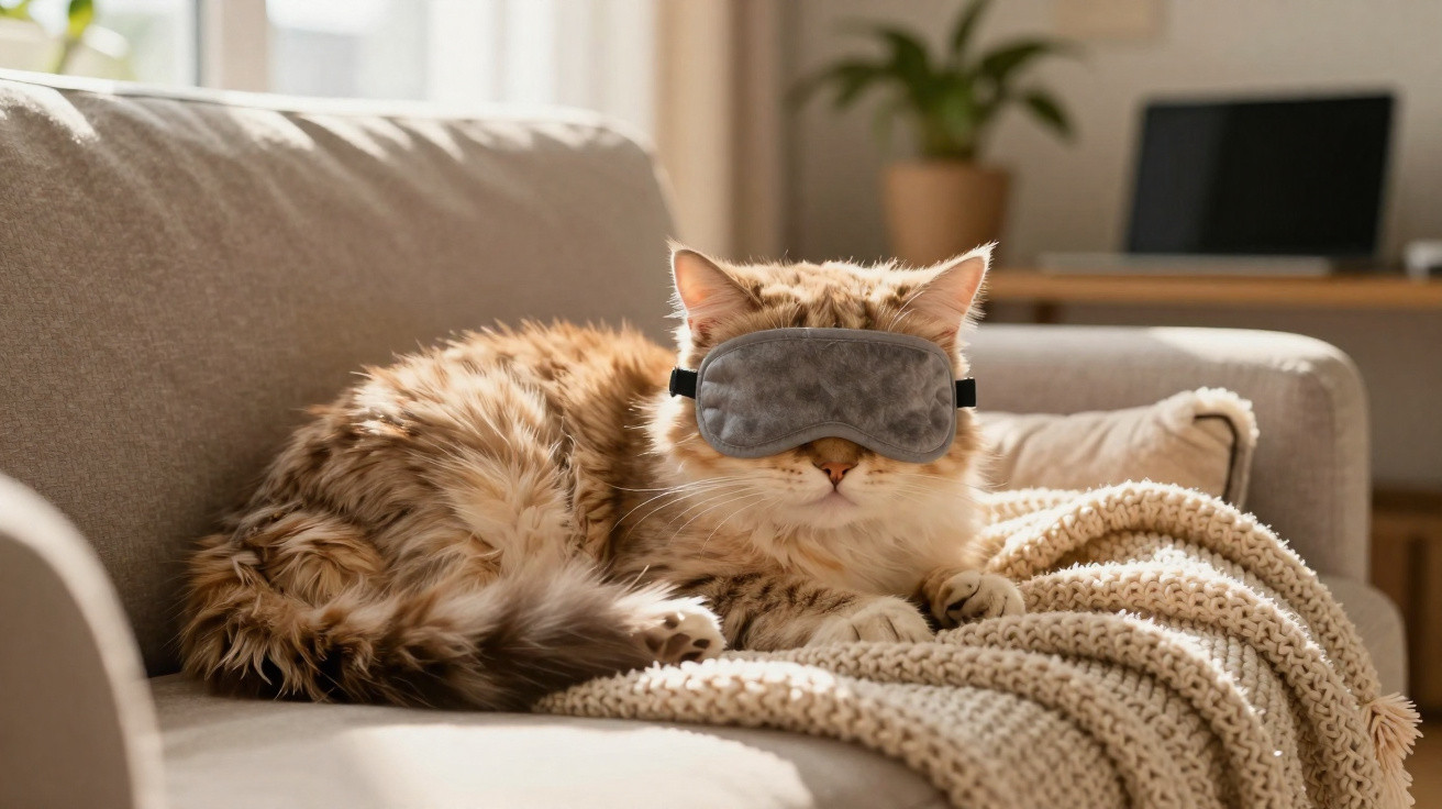 Gato peludo bege deitado no sofá com máscara de dormir cinza cobrindo os olhos.
