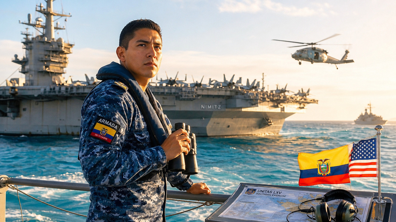 Militar da marinha do Equador com binóculos em navio, porta-aviões e helicóptero ao fundo no mar.