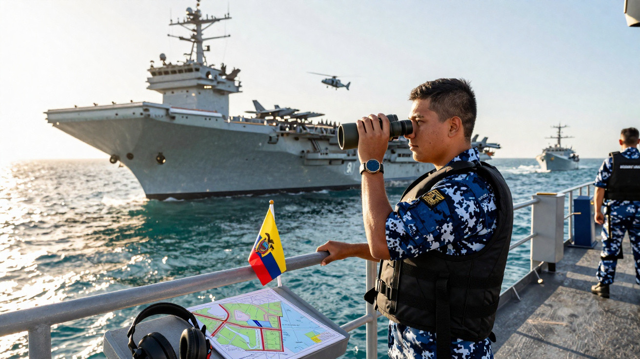 Marinheiro com uniforme camuflado observa navios de guerra ao largo pelo mar com binóculo.