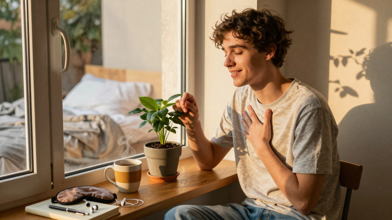 Jovem sorridente cuidando de planta em vaso ao lado de janela, com mesa, café e objetos pessoais próximos.