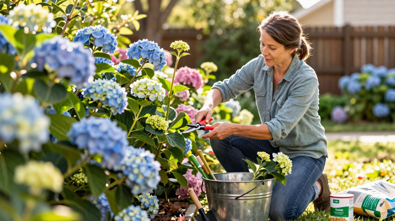 Mulher cuidando de flores coloridas em jardim ensolarado com ferramentas de jardinagem ao lado.