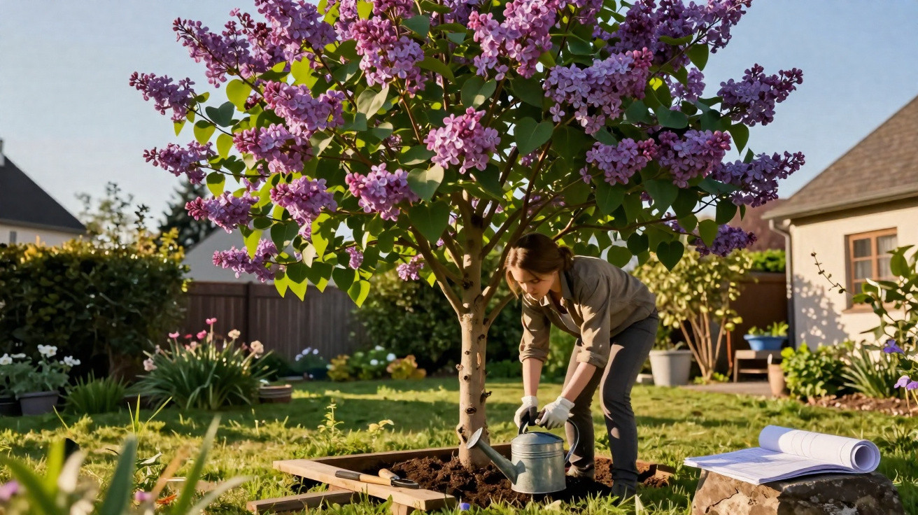 Mulher regando muda de árvore com flores lilás em jardim residencial ensolarado.
