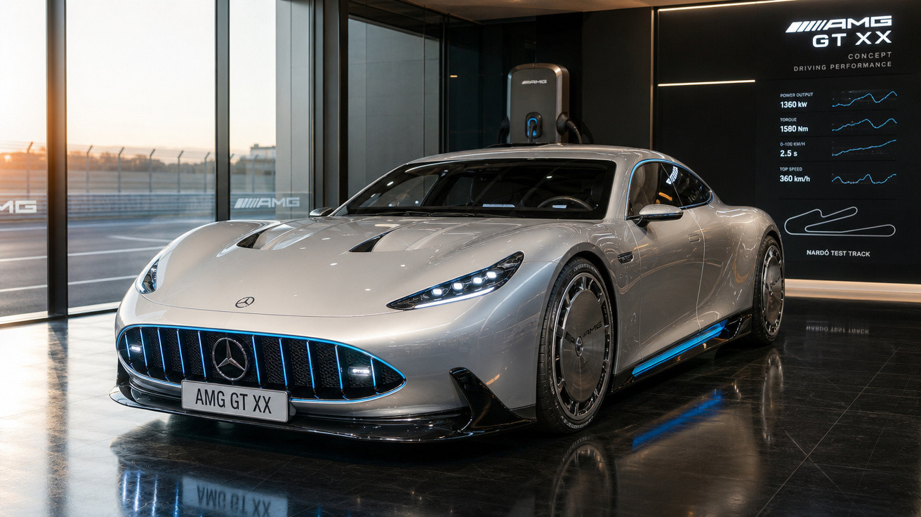 Carro esportivo Mercedes-Benz AMG GT XX prata em showroom moderno com painel informativo ao fundo.