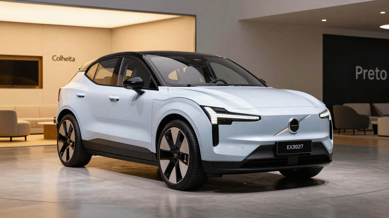 Carro elétrico branco com teto preto exibido em salão moderno com iluminação suave.