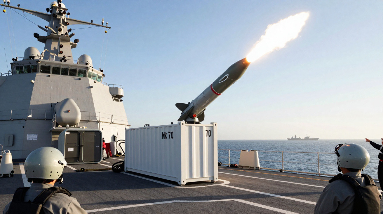 Destroyer lançando míssil guiado em direção ao mar com tripulação observando o disparo no convés.