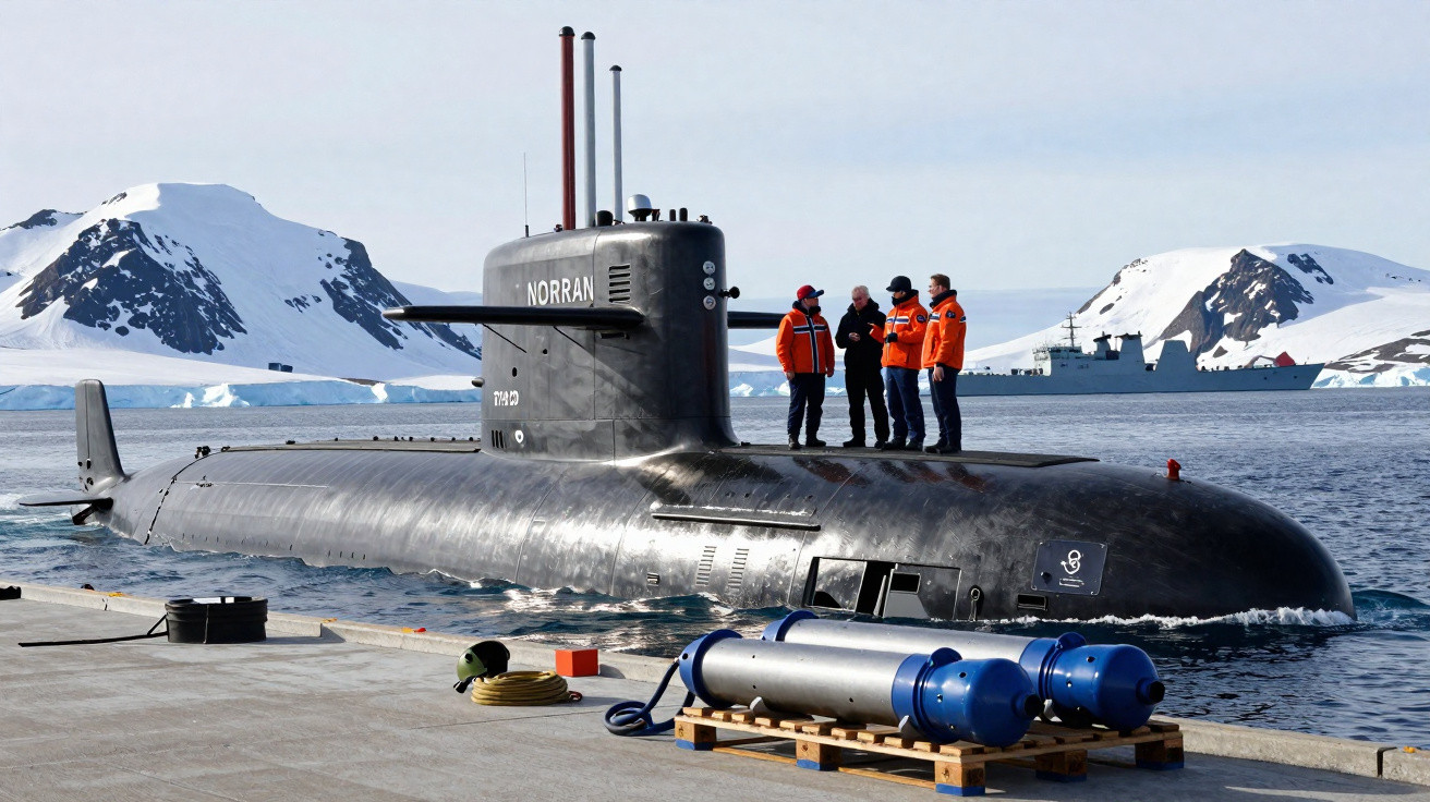 Submarino militar preto com quatro pessoas de colete laranja no convés, próximo a um porto com montanhas nevadas ao fundo.