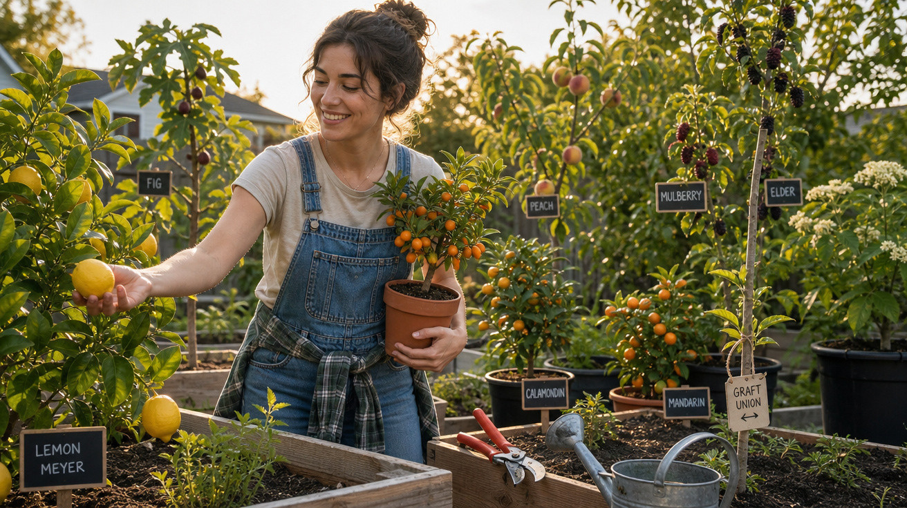 Mulher sorridente colhendo limão em horta com diversas plantas e frutas em vasos e canteiros.