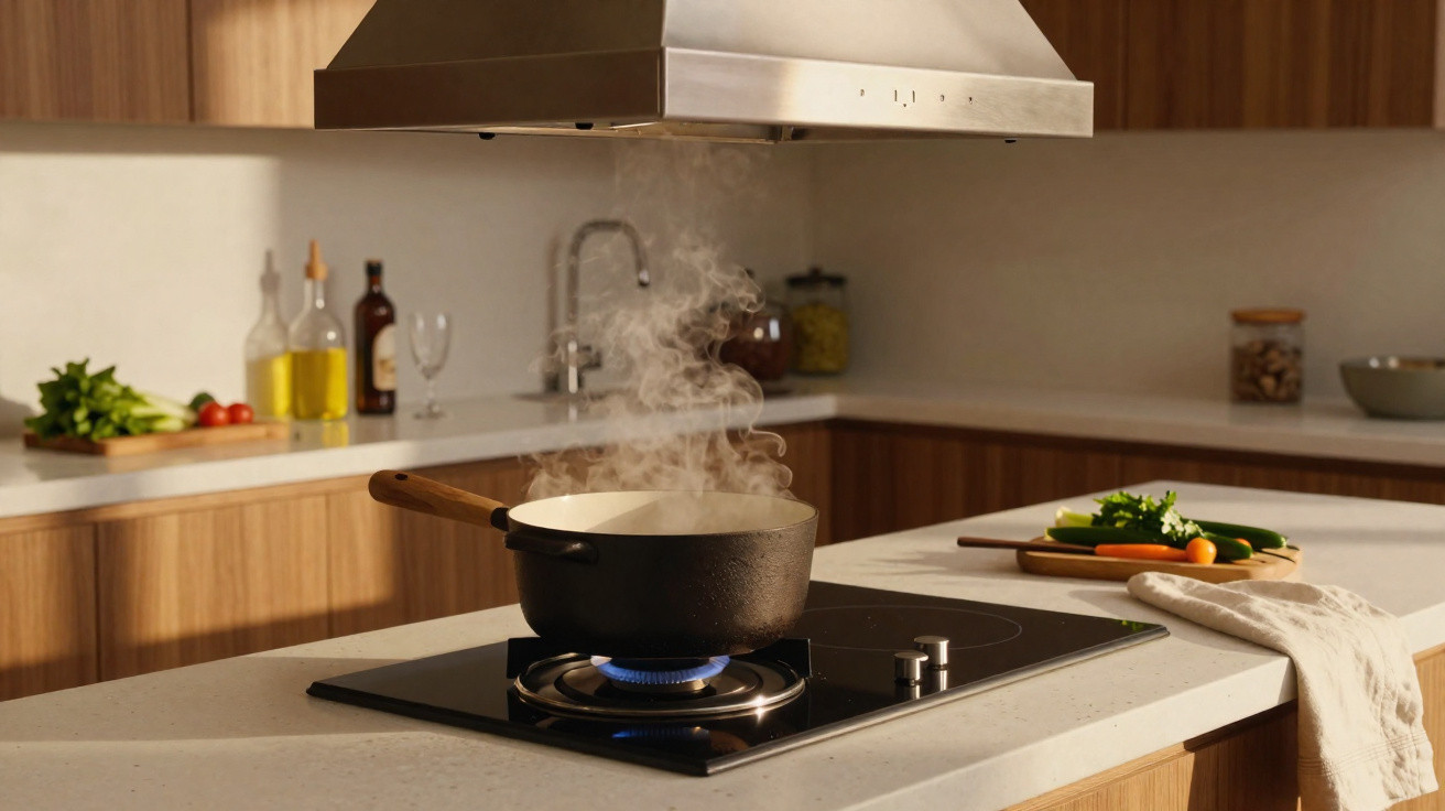 Panela preta com vapor em fogão a gás em cozinha moderna com bancada branca e armários de madeira.