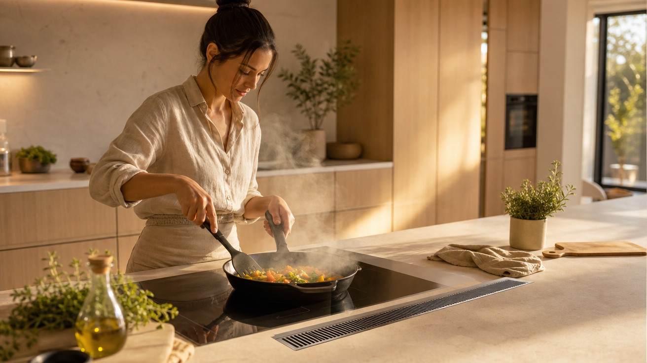 Mulher cozinhando legumes em frigideira em cozinha moderna e iluminada pelo sol.