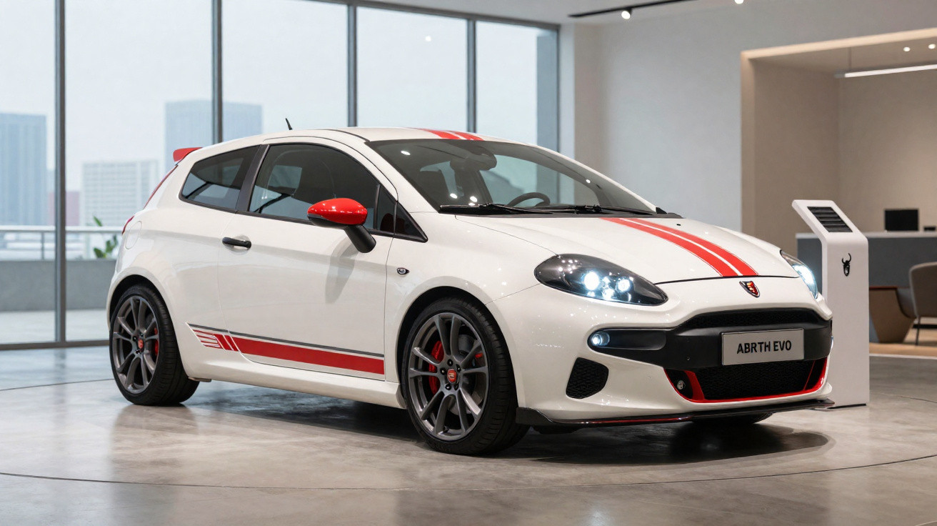 Carro esportivo branco com faixas vermelhas e detalhes vermelhos em exposição interna, modelo Abarth Evo.