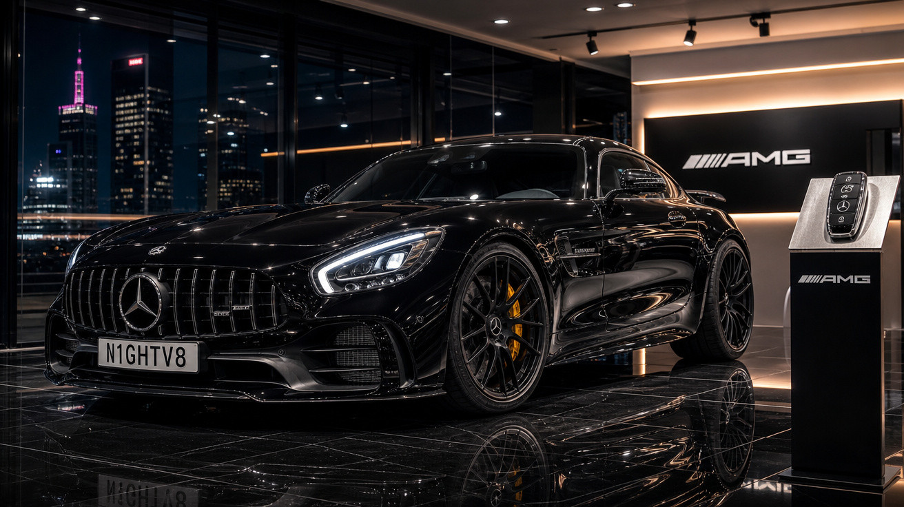 Carro esportivo Mercedes-Benz AMG preto em showroom com vista noturna da cidade através de janelas de vidro.