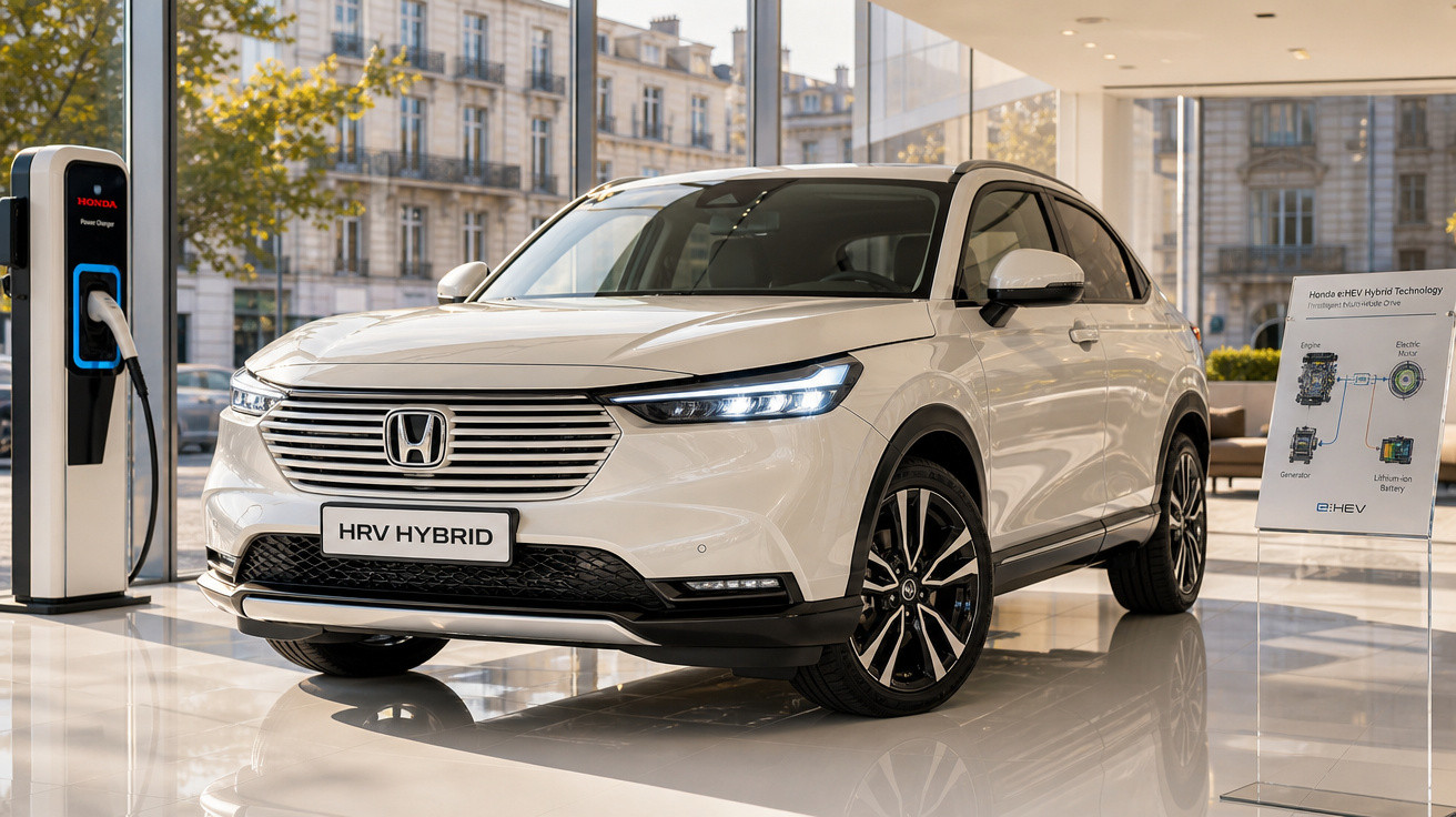 Carro Honda HRV Hybrid branco exposto em showroom, com estação de carregamento elétrica ao lado.
