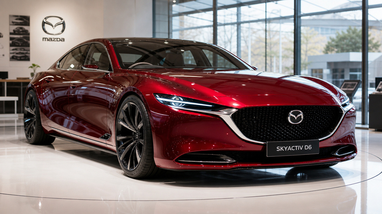 Carro esportivo Mazda Skyactiv D6 vermelho em exposição dentro de showroom moderno.