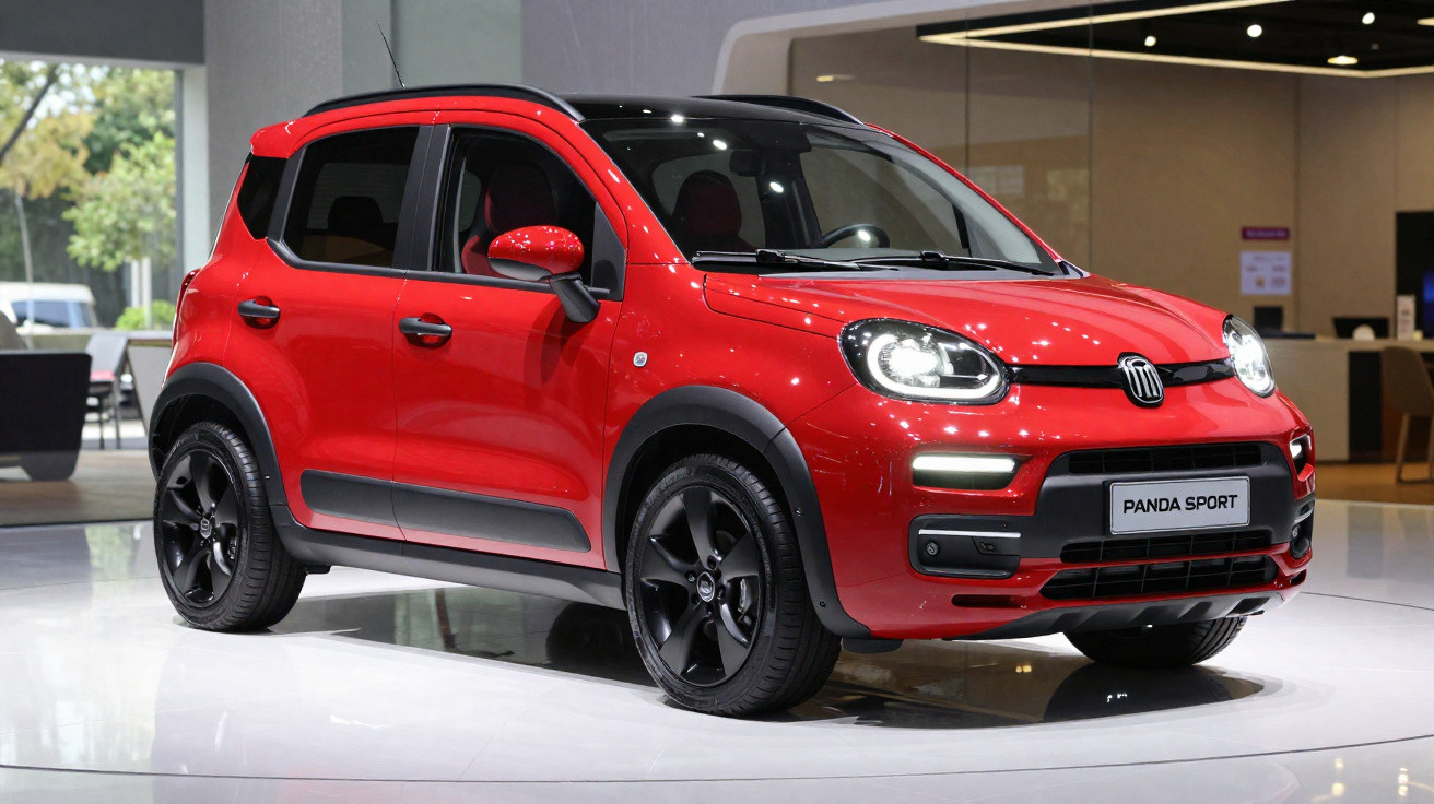 Carro vermelho Fiat Panda Sport exibido em estande com rodas pretas e detalhes em preto.