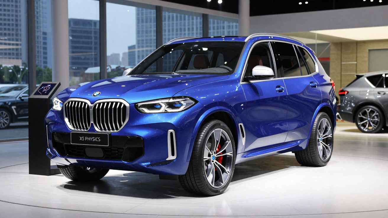 BMW X5 Physics azul exposta em salão com detalhes em preto e rodas grandes.
