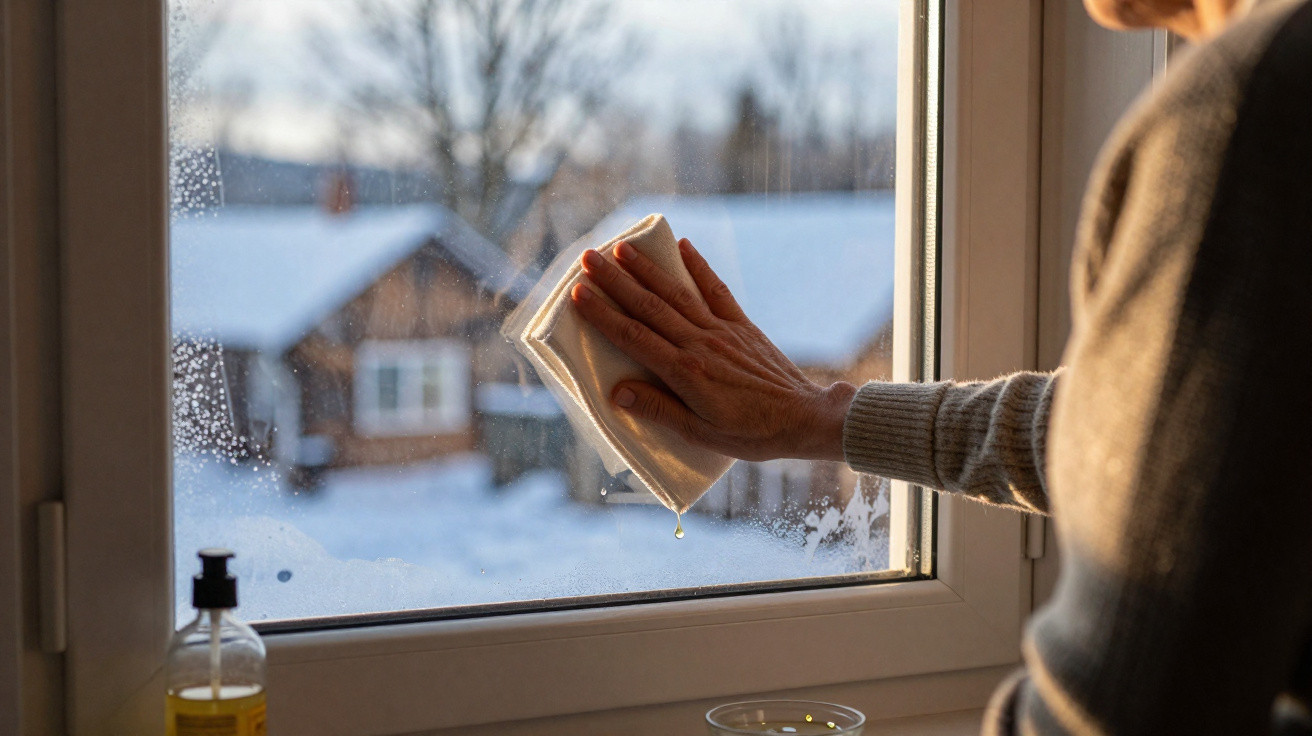 Pessoa limpando janela com pano branco em dia frio e ensolarado com casas e neve ao fundo.