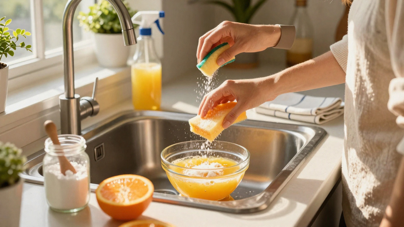 Pessoa espremendo suco de laranja em tigela na pia da cozinha iluminada por luz natural.