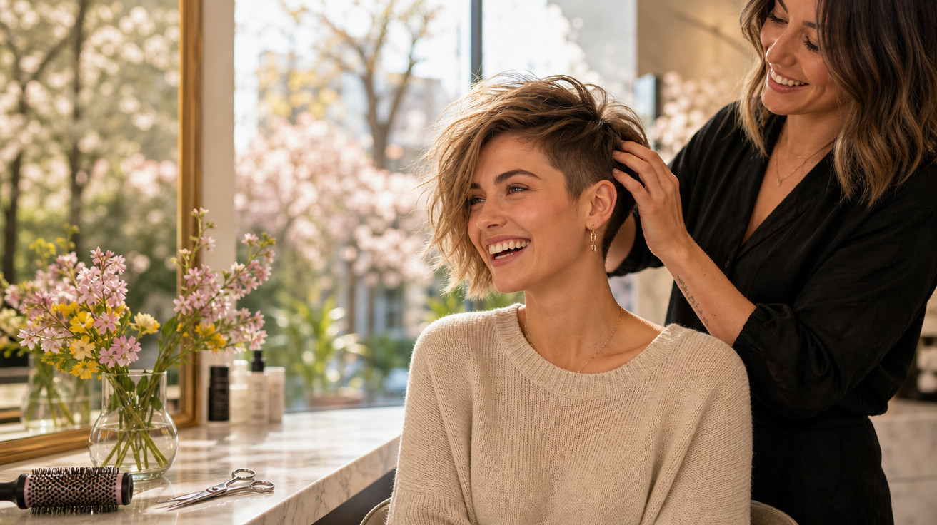 Mulher sorridente recebendo penteado em salão com flores e produtos sobre a bancada iluminada.