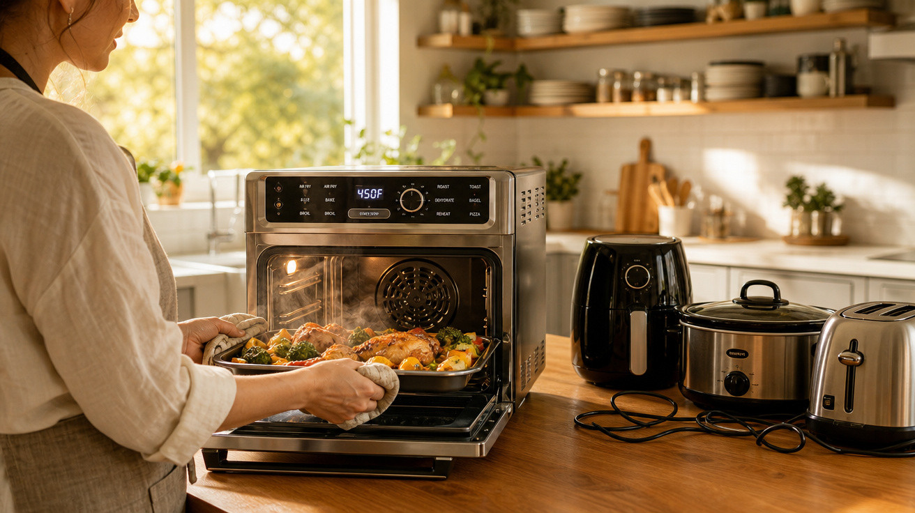 Pessoa tirando assadeira com comida quente de forno elétrico em cozinha moderna iluminada.