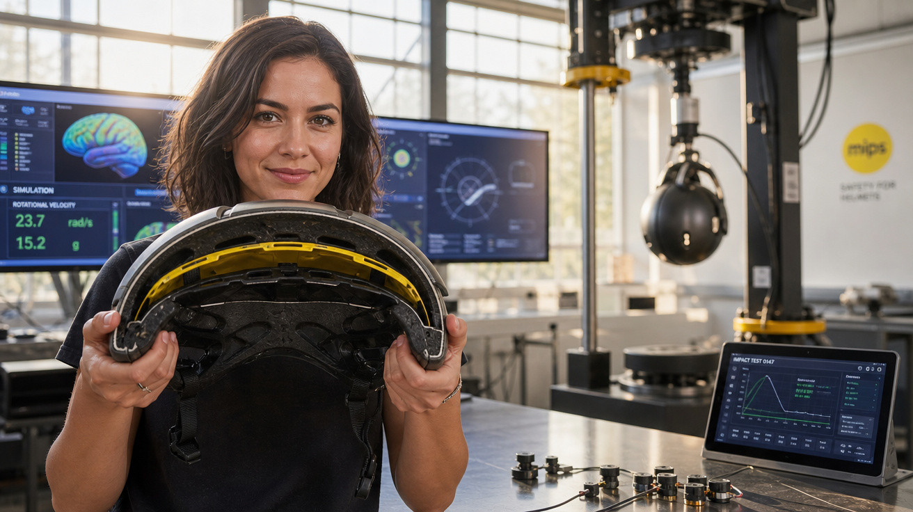 Mulher em laboratório segurando capacete de segurança com monitores de dados científicos ao fundo.