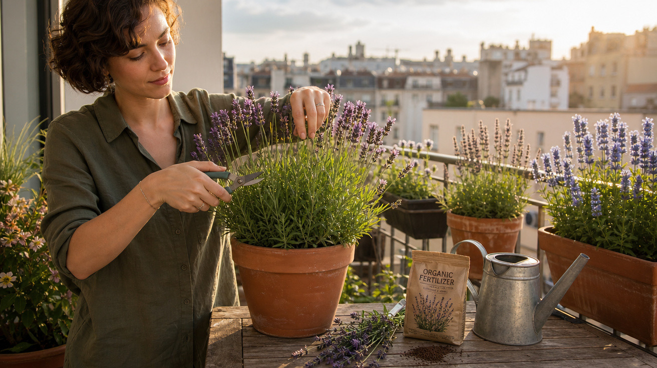 Mulher cuidando de lavandas em vasos no terraço ao entardecer com regador e fertilizante orgânico.