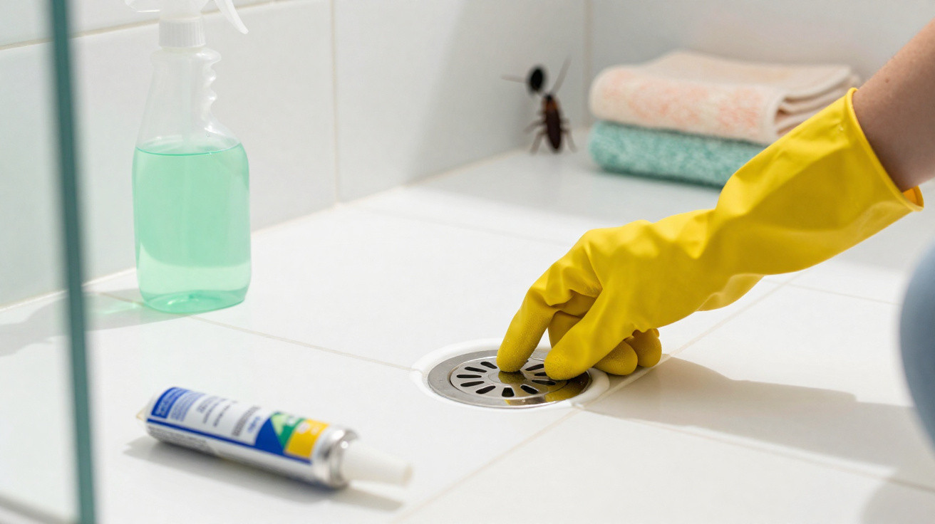 Mão com luva amarela limpando ralo de banheiro, com spray, tubo de creme e toalhas ao fundo.
