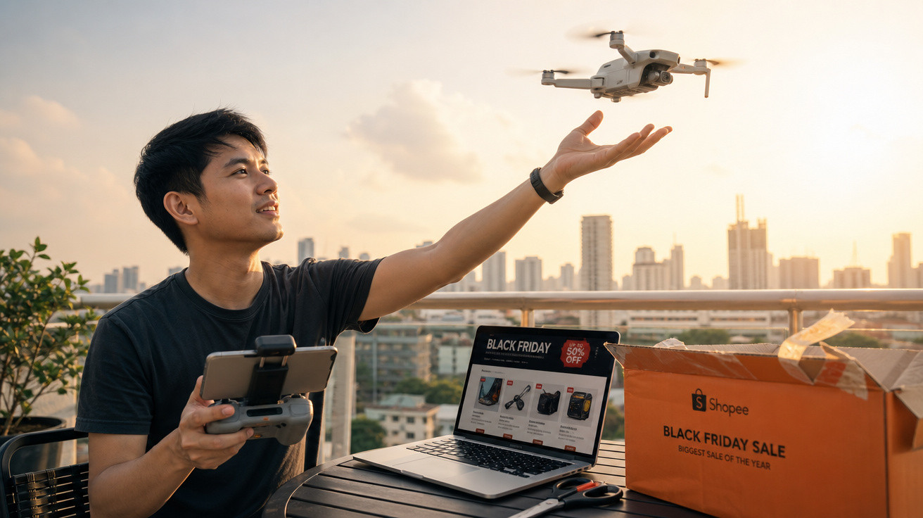 Homem controlando drone com controle remoto sentado em varanda com caixa e laptop da promoção Black Friday.
