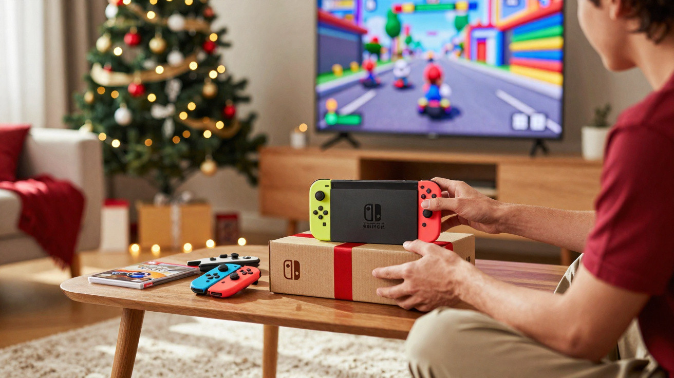Pessoa segurando console Nintendo Switch na sala decorada para Natal com jogo na TV ao fundo.