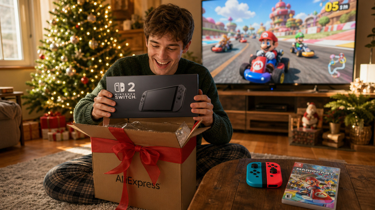 Jovem feliz desembrulha Nintendo Switch 2 em sala com árvore de Natal e Mario Kart na TV.