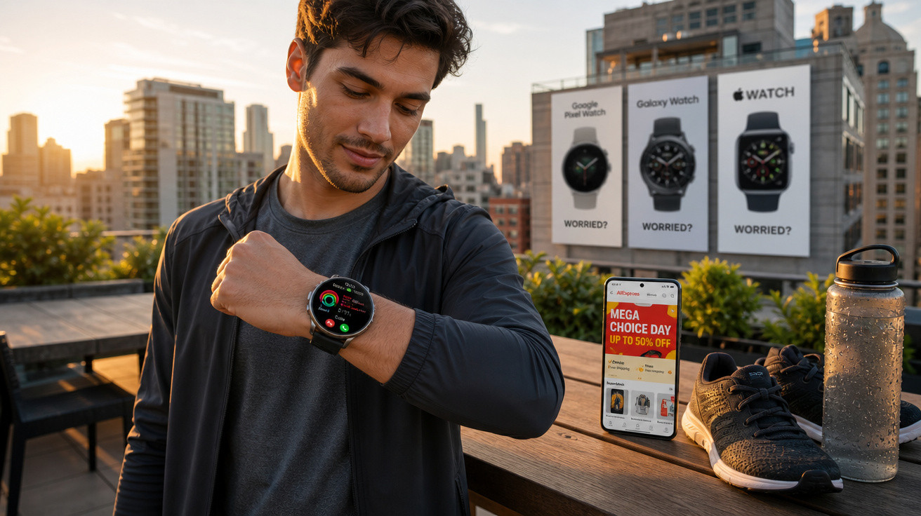 Homem jovem olhando para smartwatch esportivo, com tênis, garrafa e celular em mesa ao ar livre no pôr do sol.