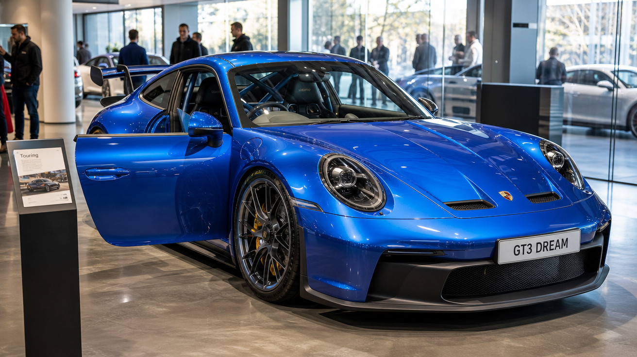 Carro esportivo Porsche azul com porta aberta em exposição em showroom moderno.
