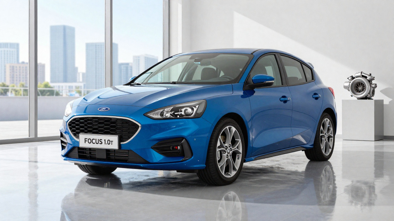 Carro Ford Focus 1.0t azul estacionado em ambiente interno moderno com janelas grandes e turboexpansor ao fundo.