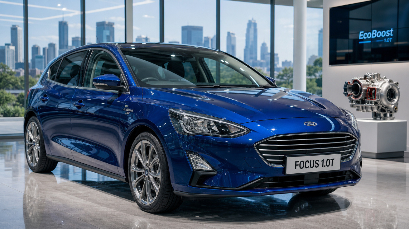 Carro Ford Focus 1.0T azul em exposição interna com cidade ao fundo e motor EcoBoost ao lado.