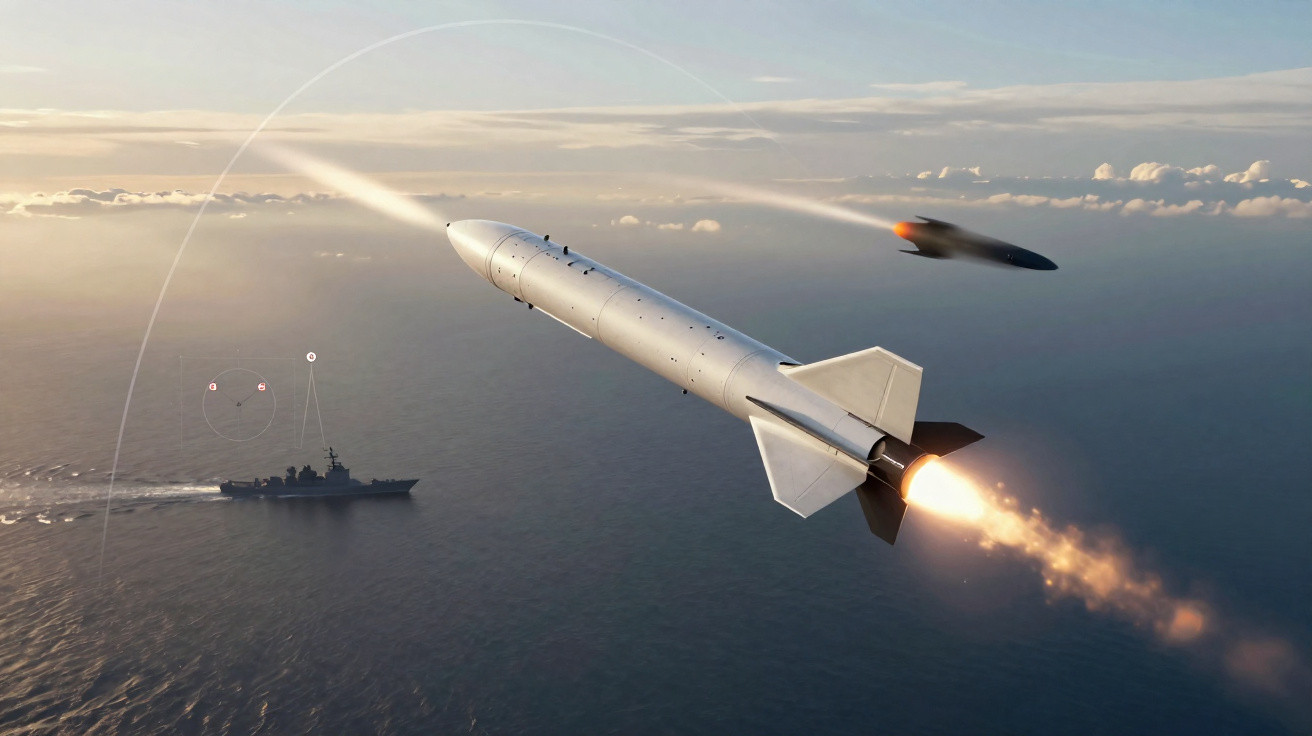 Míssil em voo sobre o mar com destróier ao fundo e objeto voador em alta velocidade.