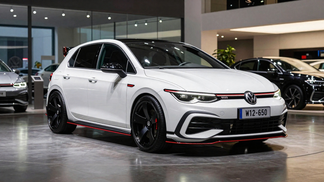 Carro hatchback branco Volkswagen GTI estacionado em showroom com rodas pretas e detalhes vermelhos.