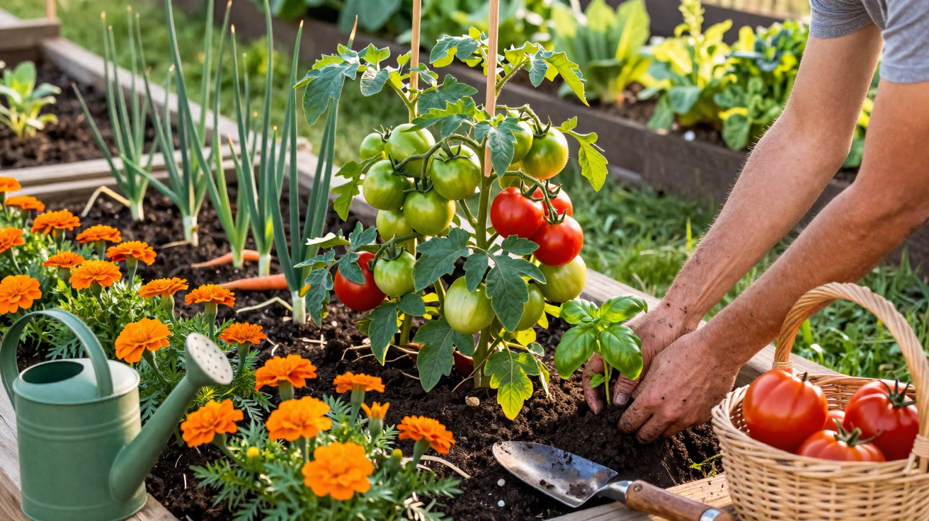 Pessoa cultivando tomateiras com flores laranjas e outros vegetais em canteiro elevado no jardim.