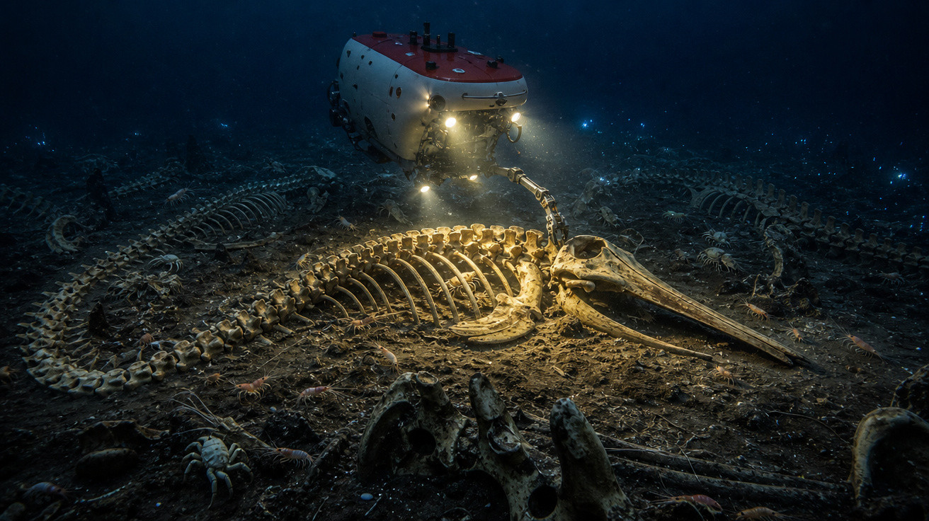 Veículo subaquático explorando esqueletos gigantes de animais marinhos no fundo do oceano.