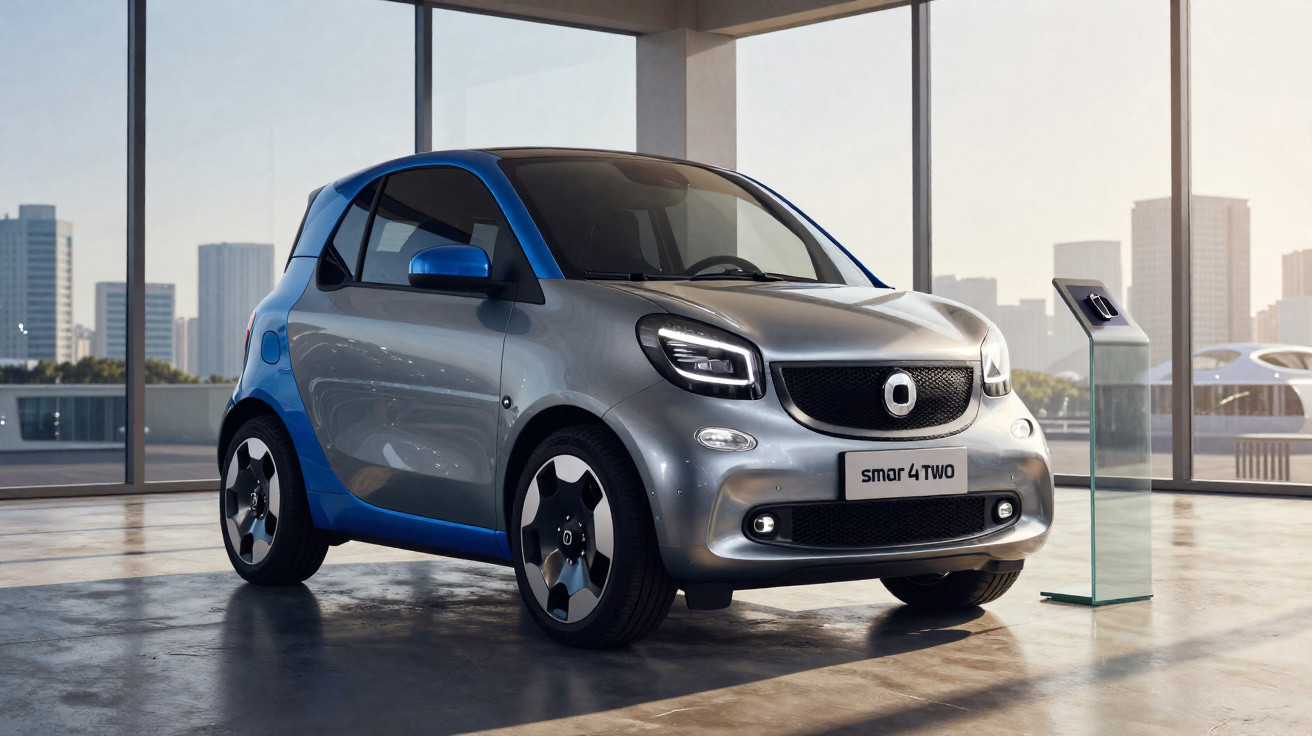 Carro elétrico compacto Smart 4Two cinza e azul exposto em showroom com janelas amplas e cidade ao fundo.